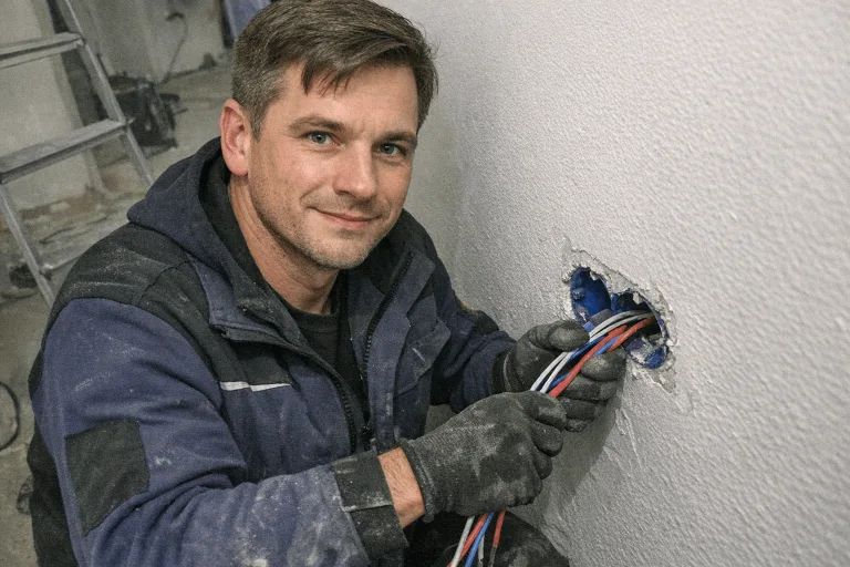 Fachmann bei der Installation neuer Verkabelung